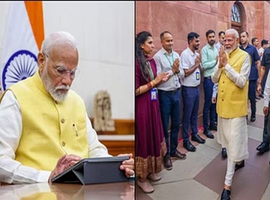 PM Modi took charge! Greeted the staff with folded hands in the office