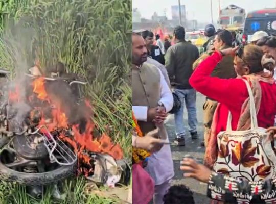 Uttarakhand: Uproar after road accident in Rudrapur! Kanwariya injured, angry mob sets bike on fire