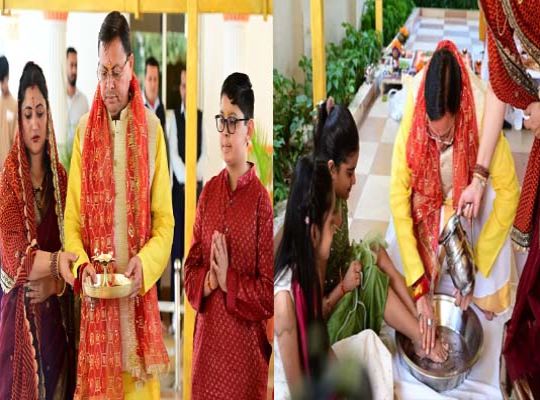 Durga Ashtami Celebrated in Uttarakhand with the Worship of Young Girls; CM Dhami Washes Their Feet and Seeks Their Blessings.
