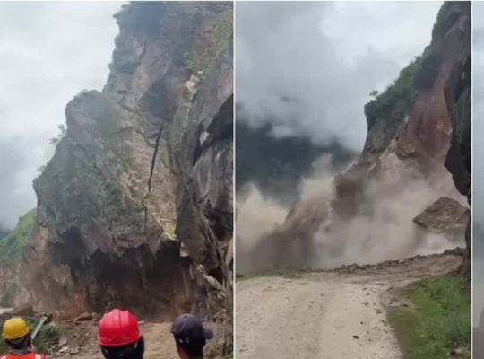 Uttarakhand: Major accident averted amidst rain in Pithoragarh! Hillside suddenly collapses at Pangbawe; heavy debris and massive boulders crash onto the road.