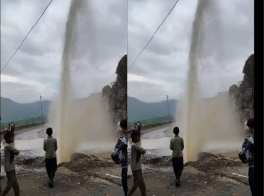 Uttarakhand: Leakage again in Mussoorie's ₹144-crore Yamuna project! Road caved in after a pipe burst, and thousands of liters of water gushed out; tourists mistook it for a waterfall.