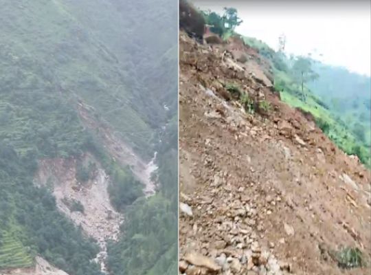 Bageshwar: Hillside in Kapkot cracking for two days! Residents of Lakhmara village terrified; boulders tumbling into the ravine! Debris increases the danger.