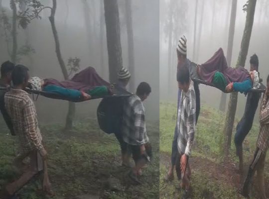 Claims that 'our work speaks for itself' exposed: Sick woman carried in a *doli* (palanquin) for 8 km due to lack of a road in Bhimtal; viral video sparks a stir.