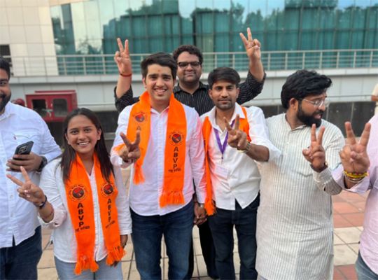 DUSU Election 2026 Results: ABVP secures three out of four central panel posts! Yash Dabas elected President, Riya Chhabri as Secretary, and Lakshya Raj Singh as Joint Secretary.