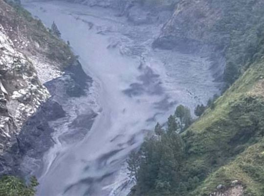 Breaking News: Devastation in Nepal's Budhi Gandaki River! Several houses destroyed by floods and rushing debris following a landslide; alert issued.