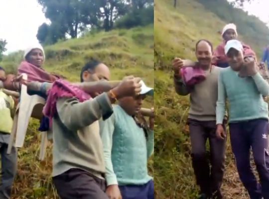 A harrowing scene from the mountains: A fallen soldier's ancestral village still awaits a road! Villagers had to strap a sick person to a chair and carry them for three kilometers across rugged terrain.